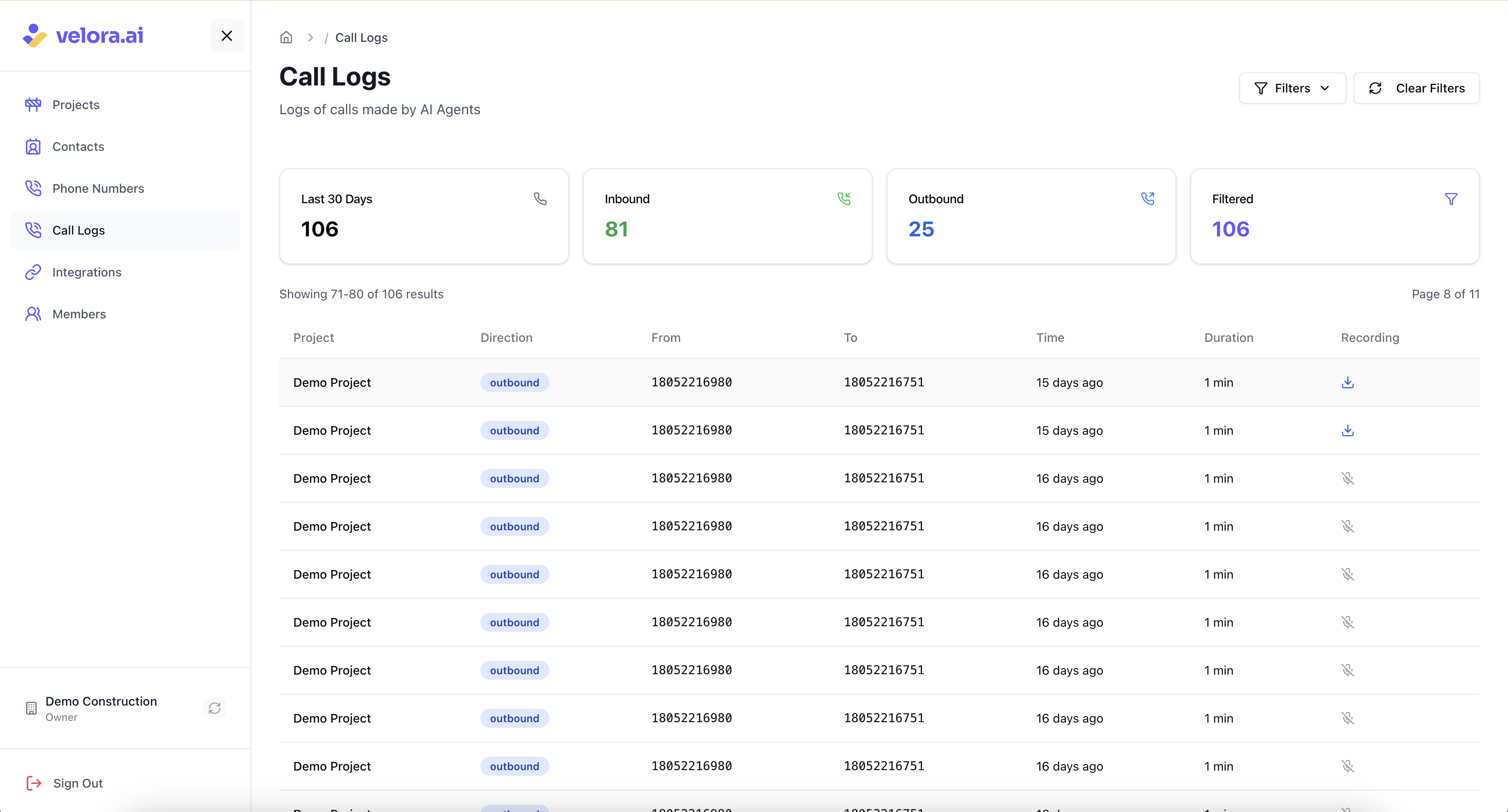 Call Logs interface showing communication history across construction projects