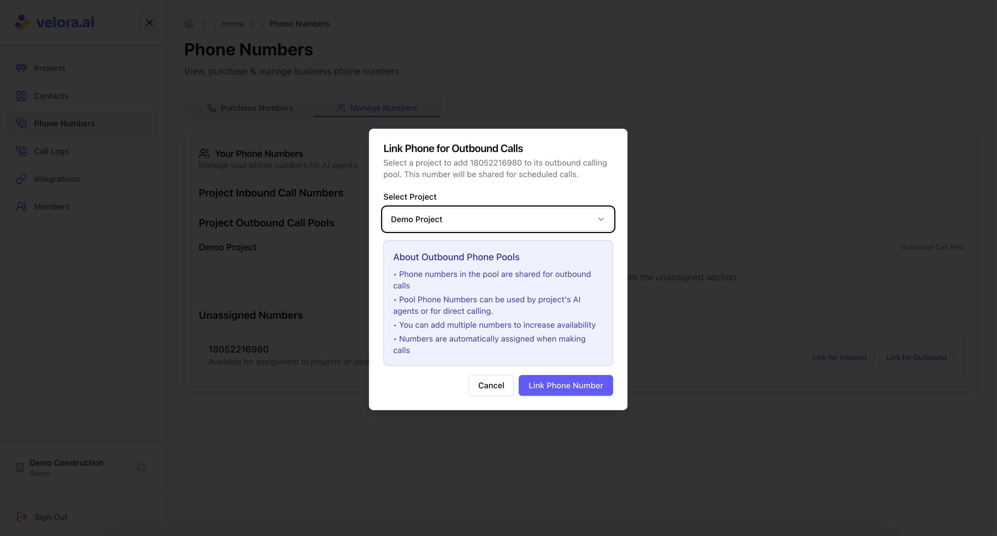 Assign inbound phone number to construction project