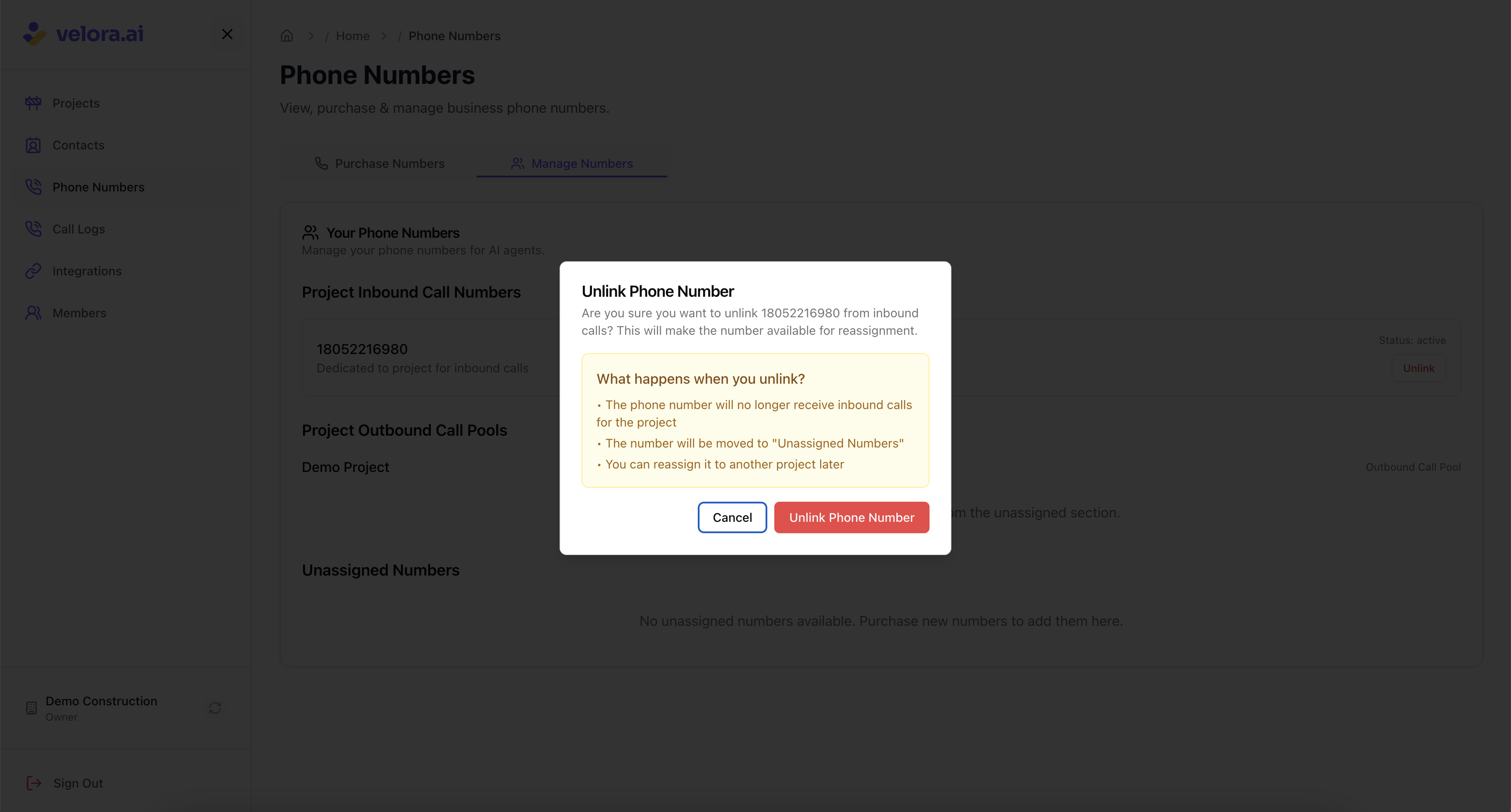 Unlink inbound phone number from construction project