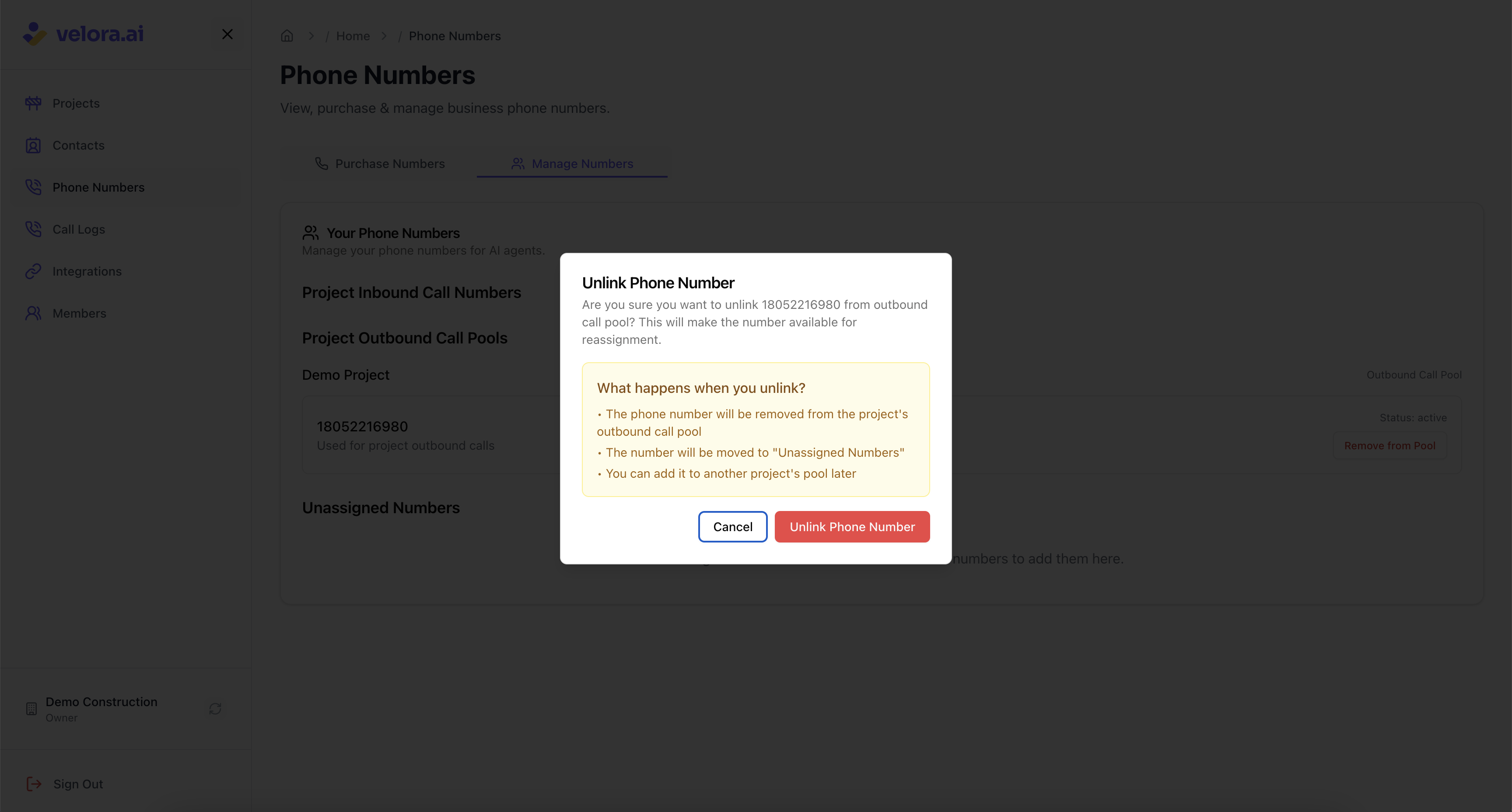 Unlink outbound phone number from construction project