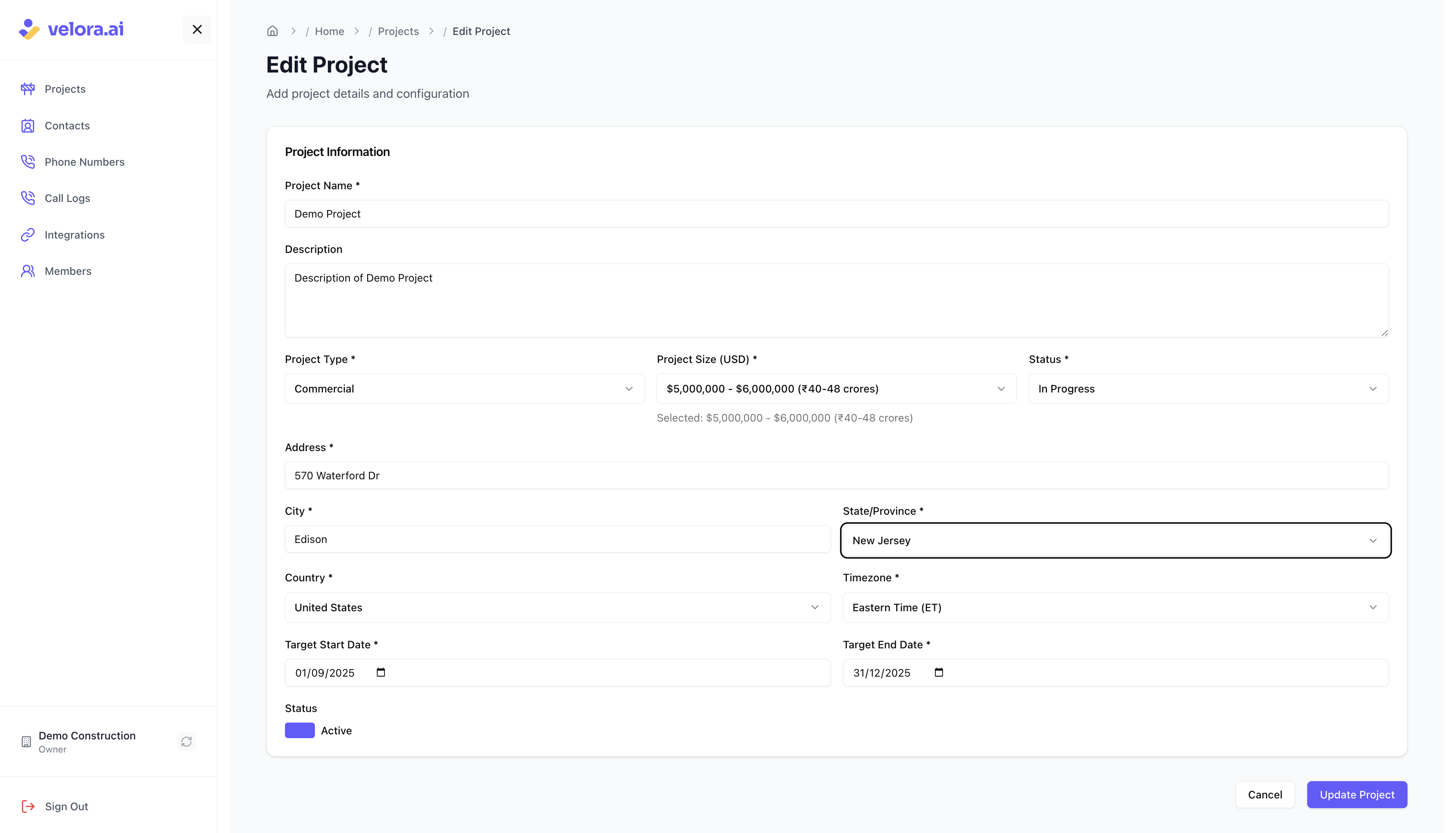 Edit project details interface