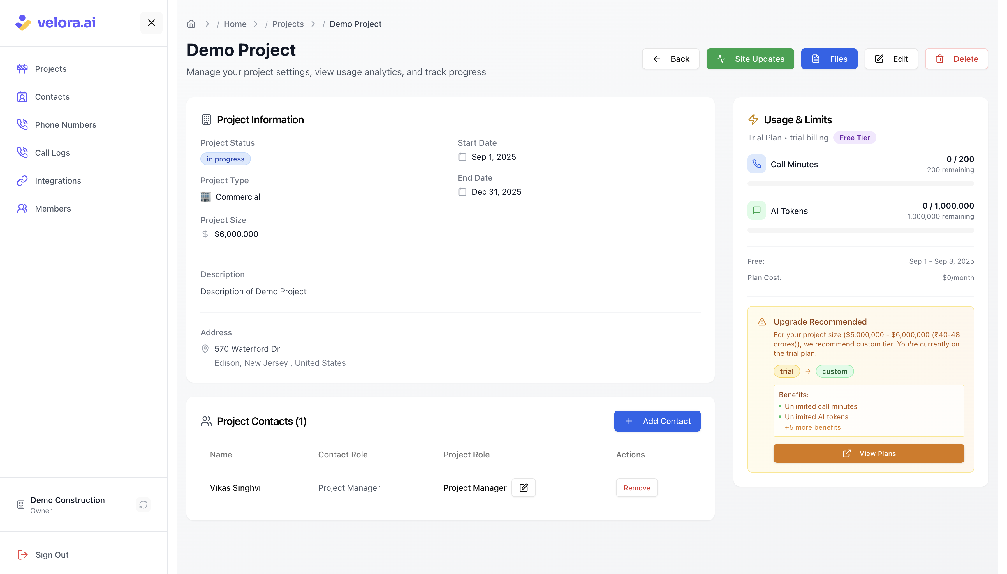 Project details and management interface