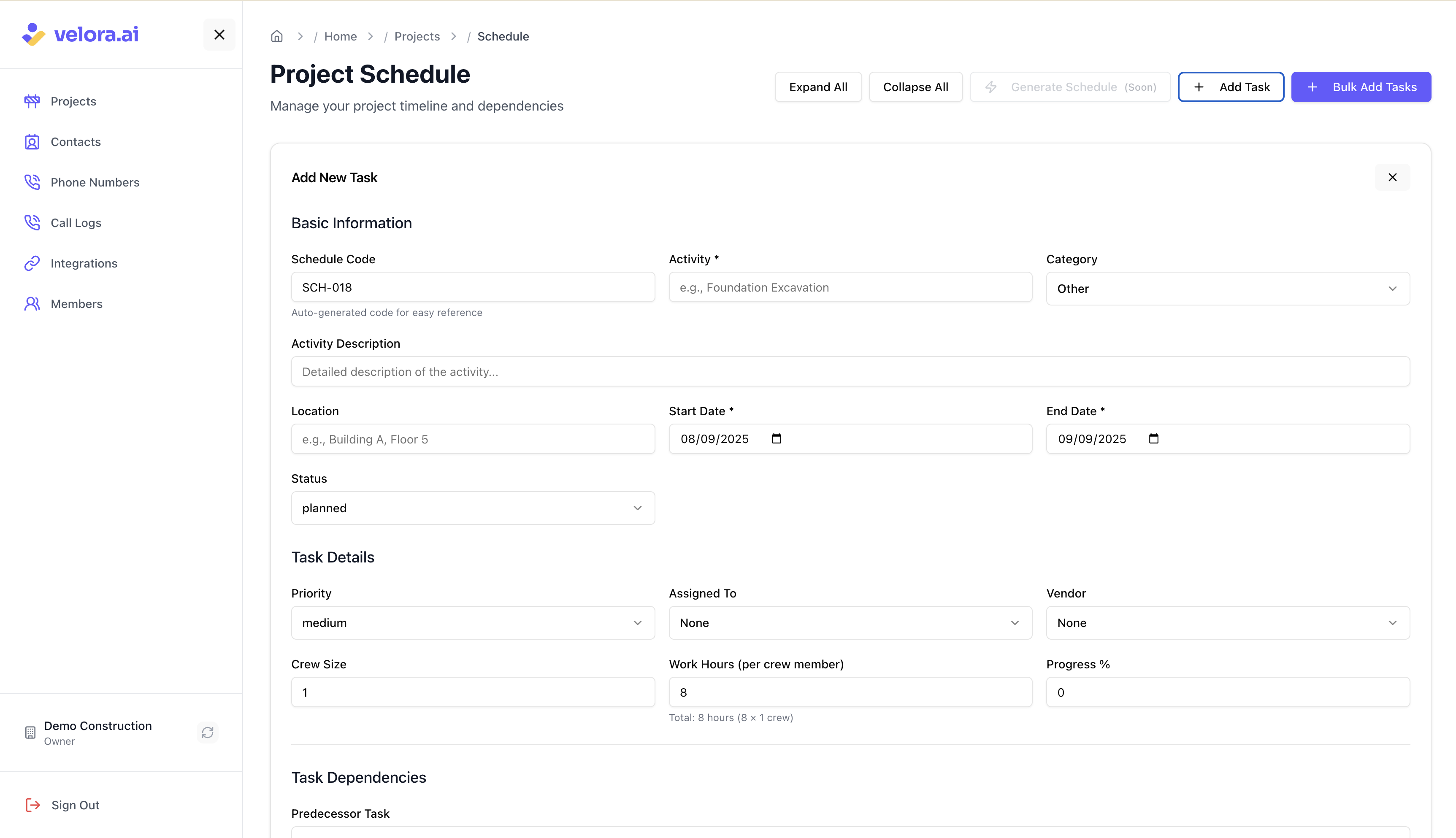 Create new project tasks Add new task to project schedule