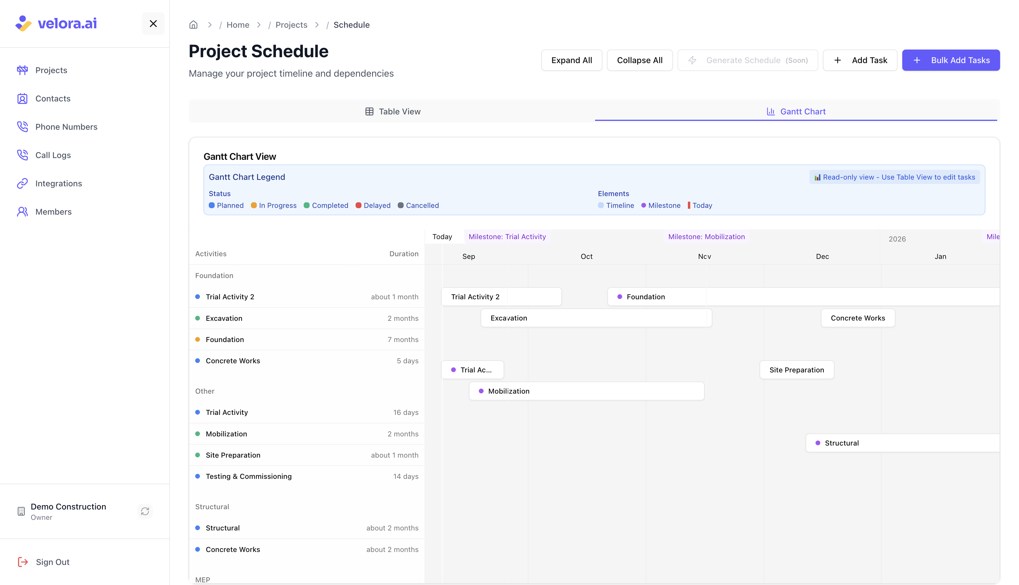 Gantt chart for visual timeline management Project Schedule Gantt chart view for construction project management