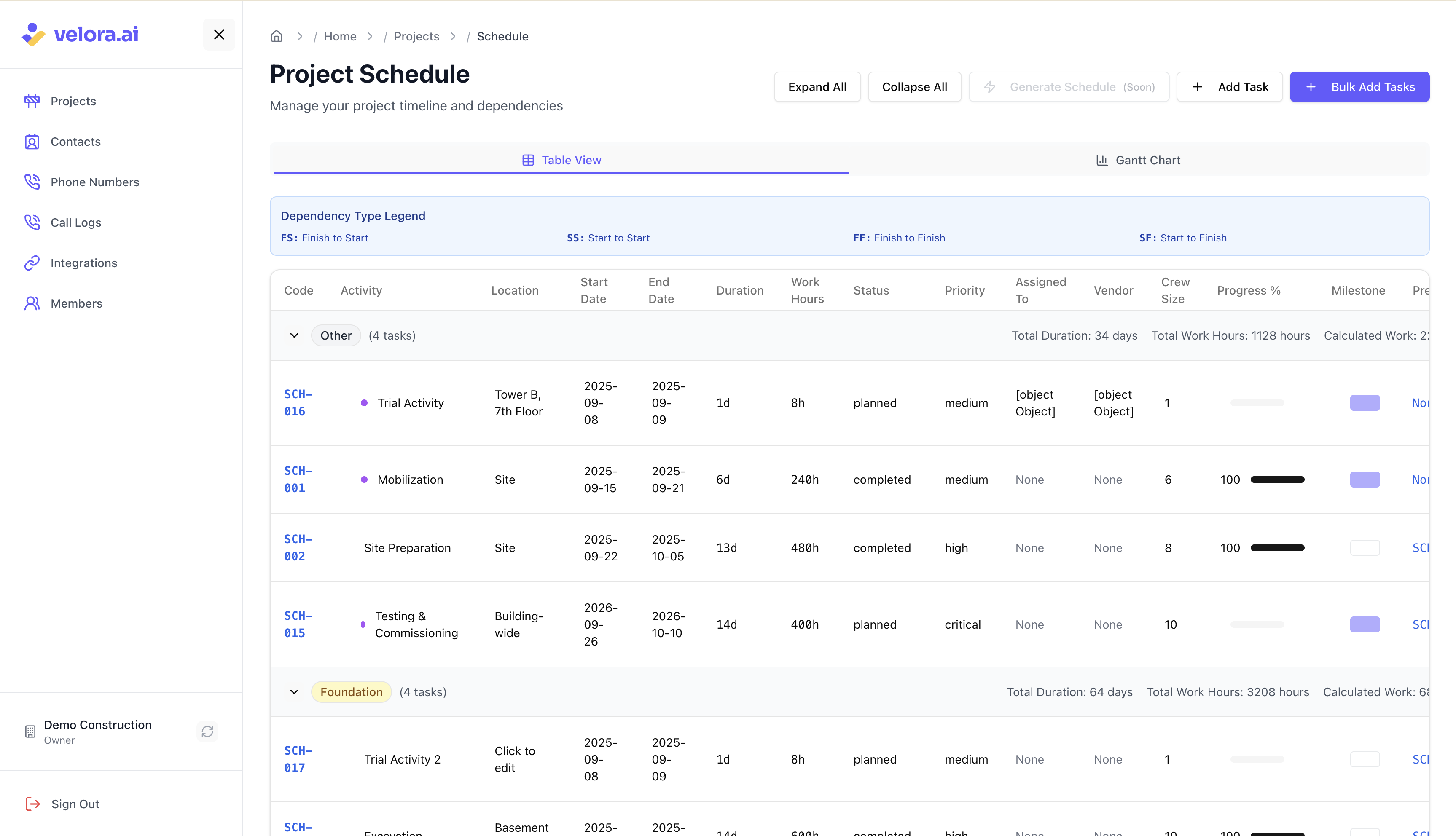Table view for schedule management Project Schedule table view for construction project management