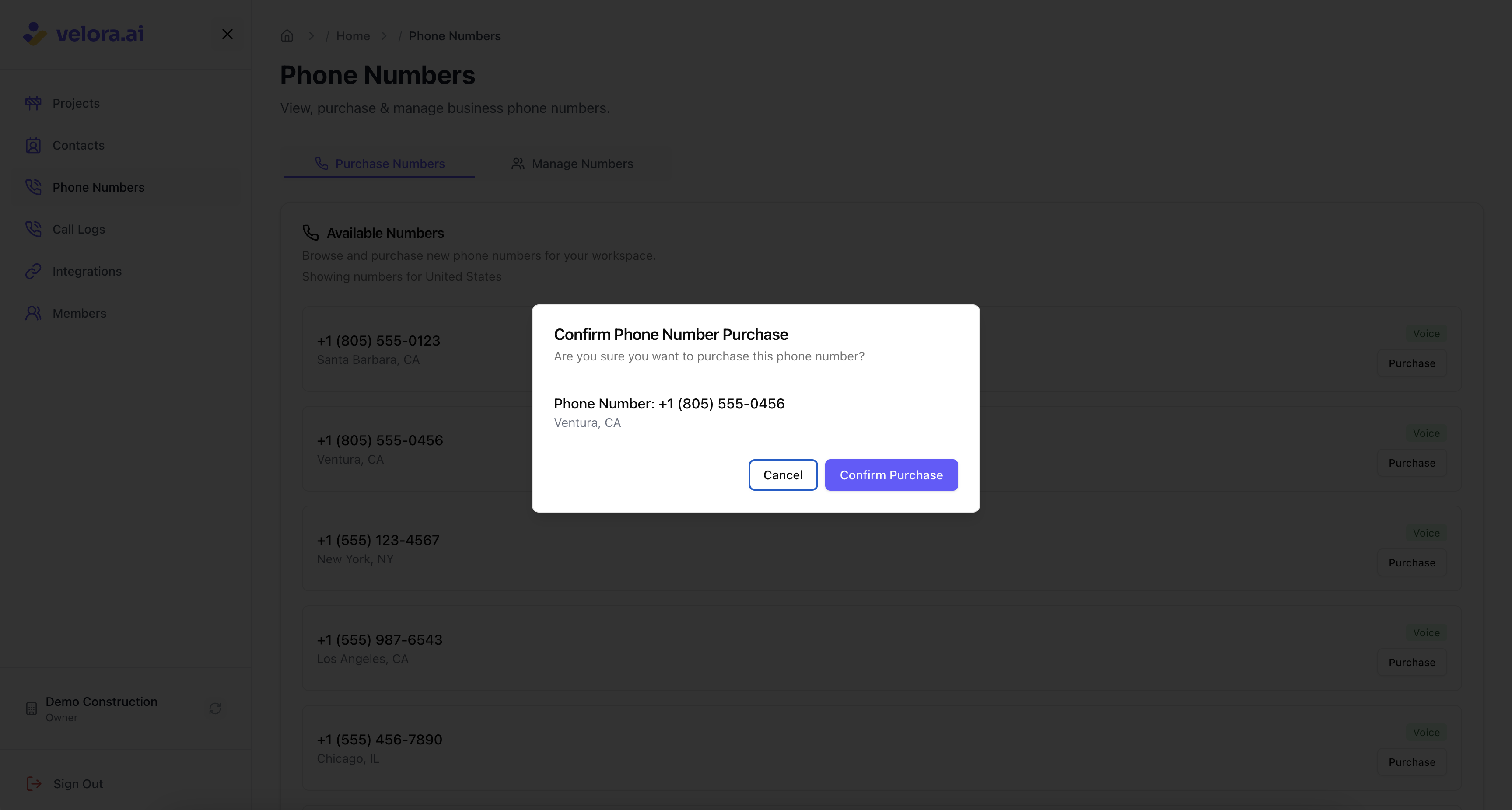 Confirm phone number purchase for Voice AI Construction Project Management