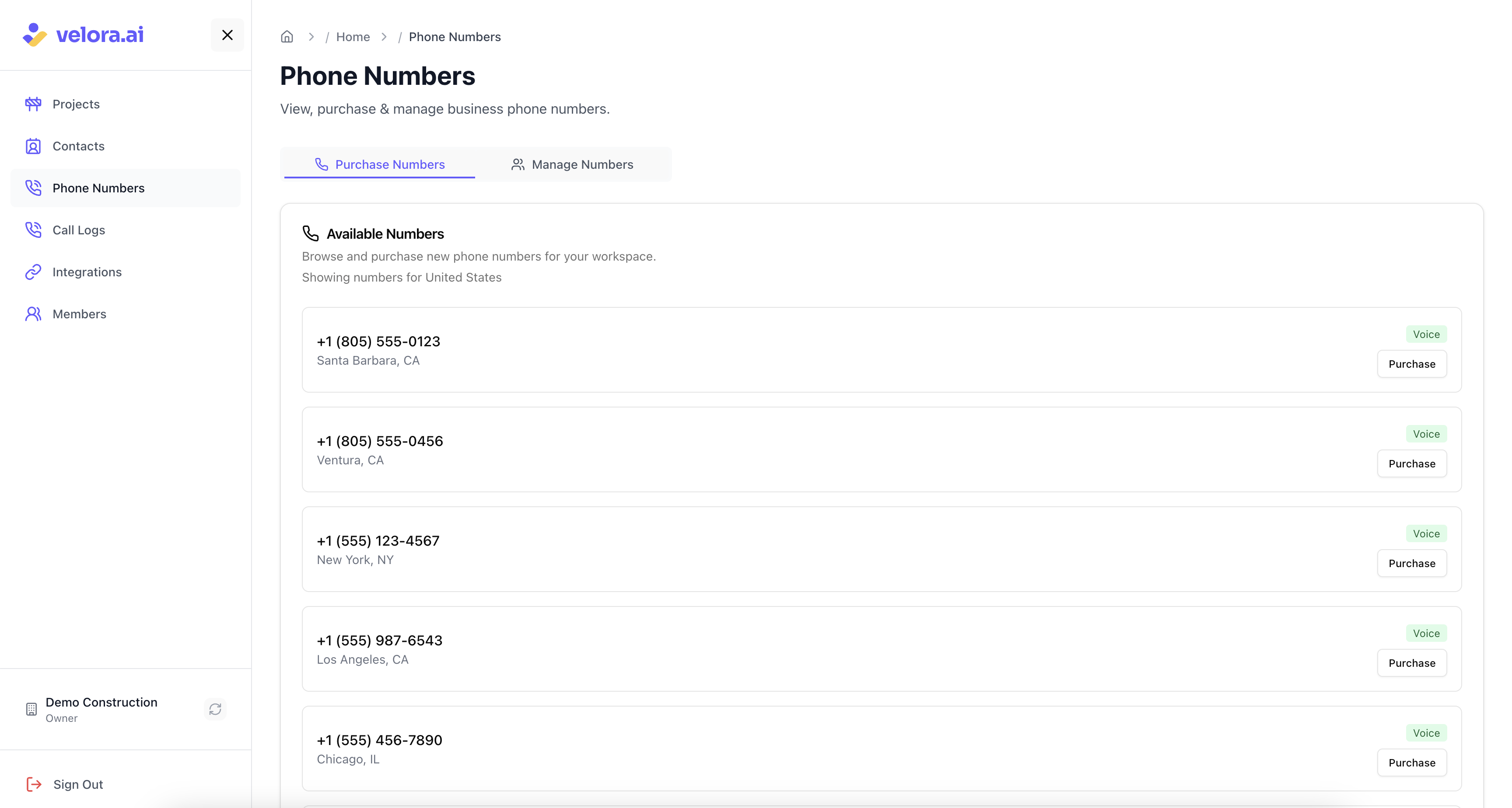 Purchase Numbers Interface for Voice AI Construction Project Management