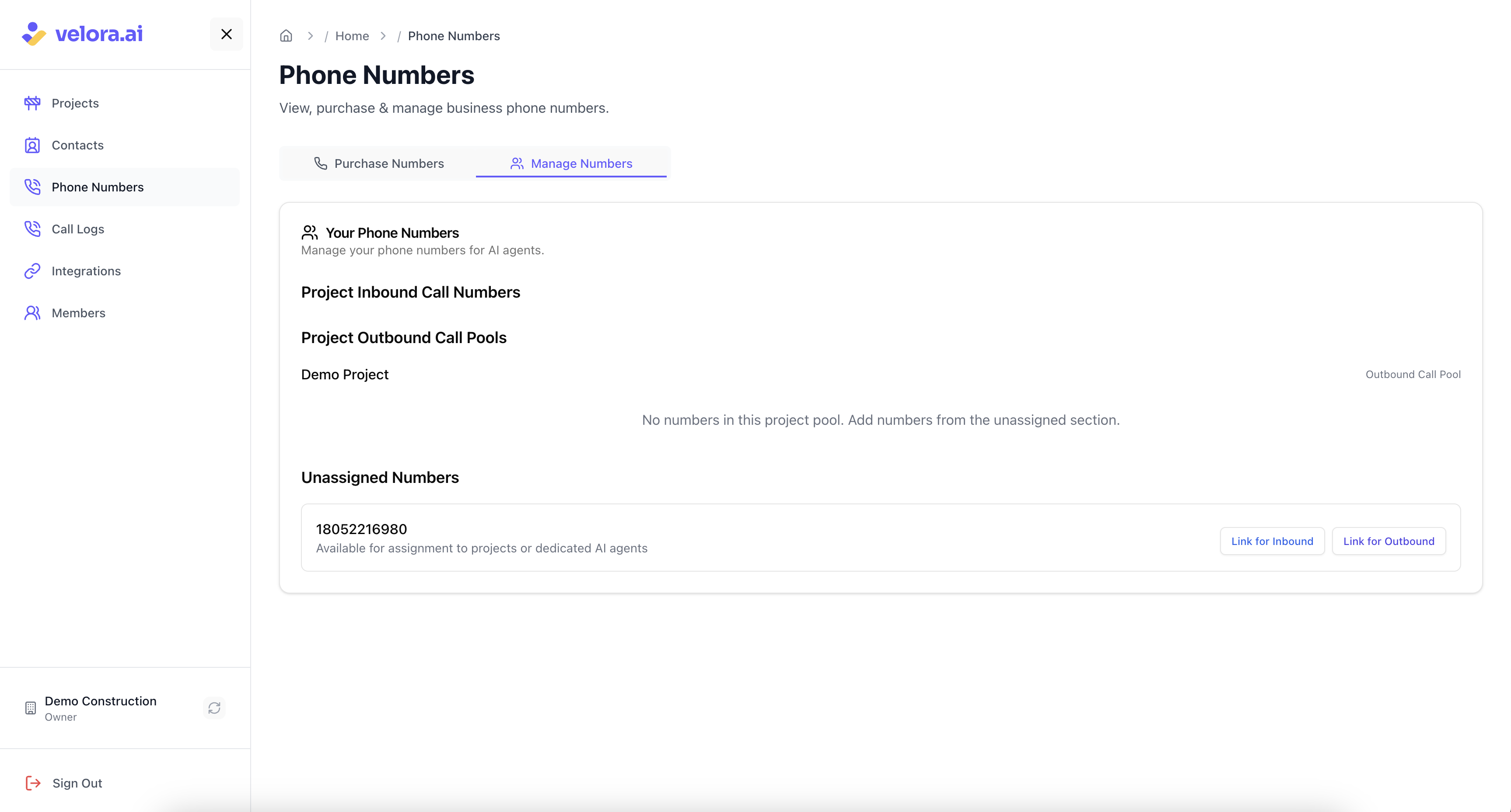 Manage Numbers sub-tab interface showing unassigned phone numbers for Voice AI Construction Project Management