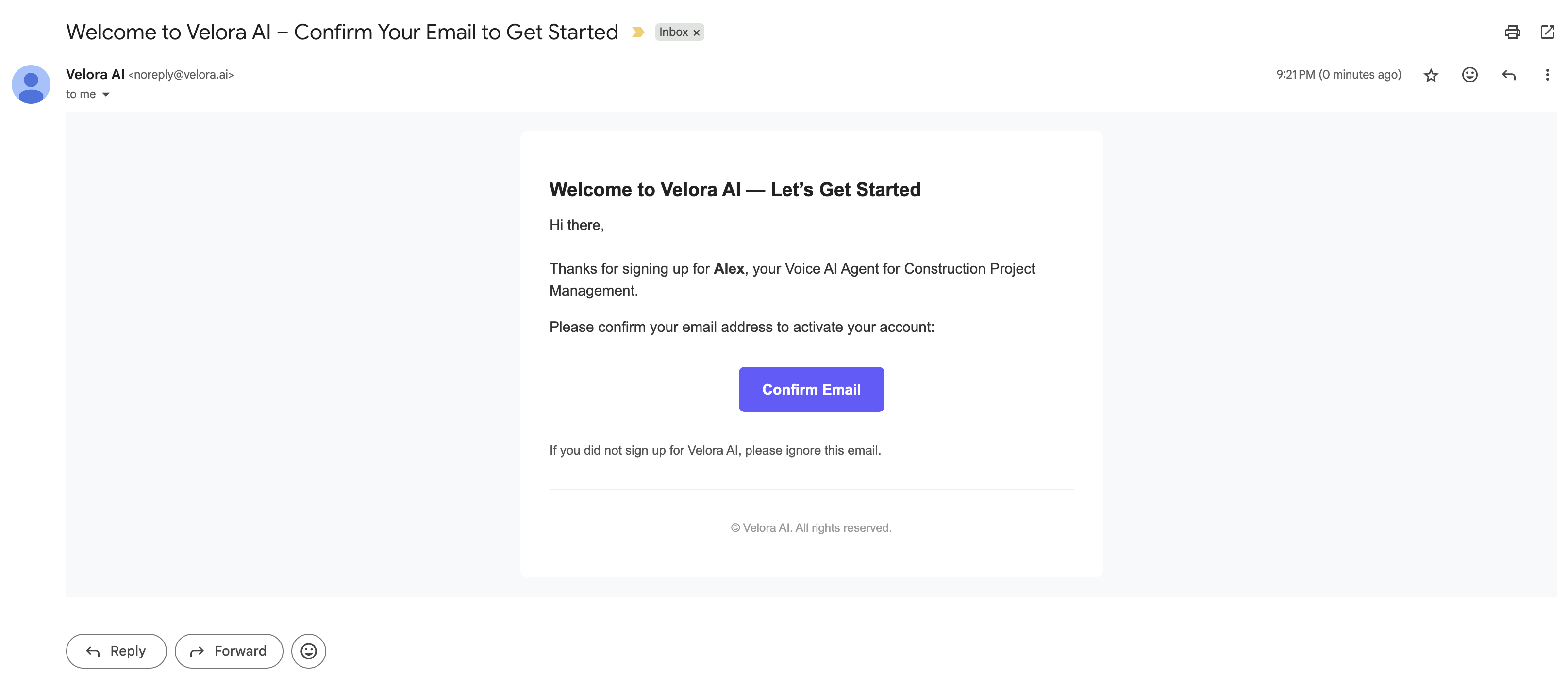 Velora AI Email Confirmation for Construction Project Management