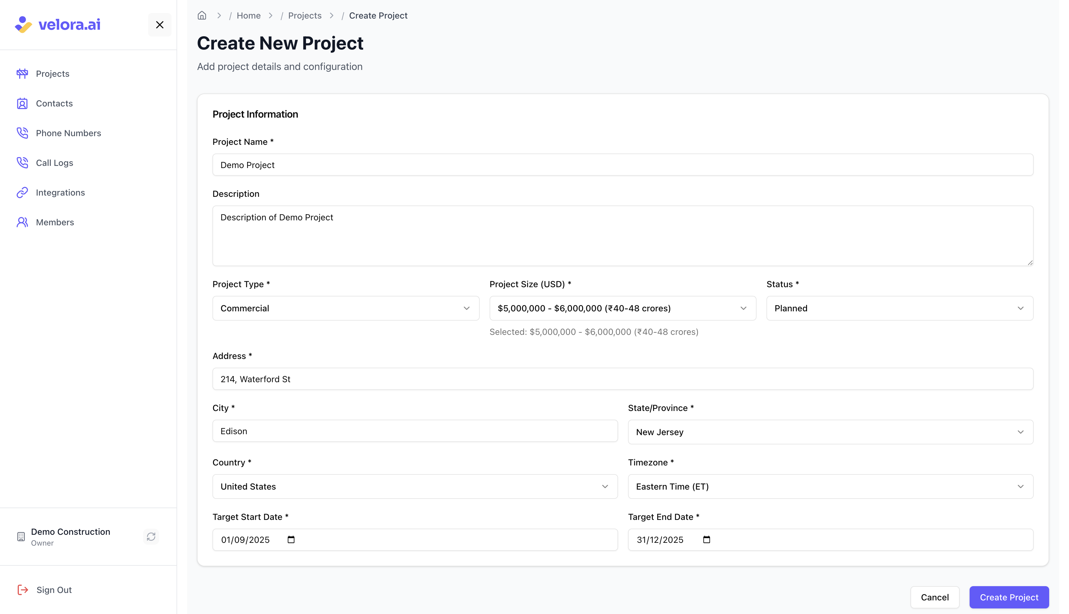 New Project Form for Construction AI