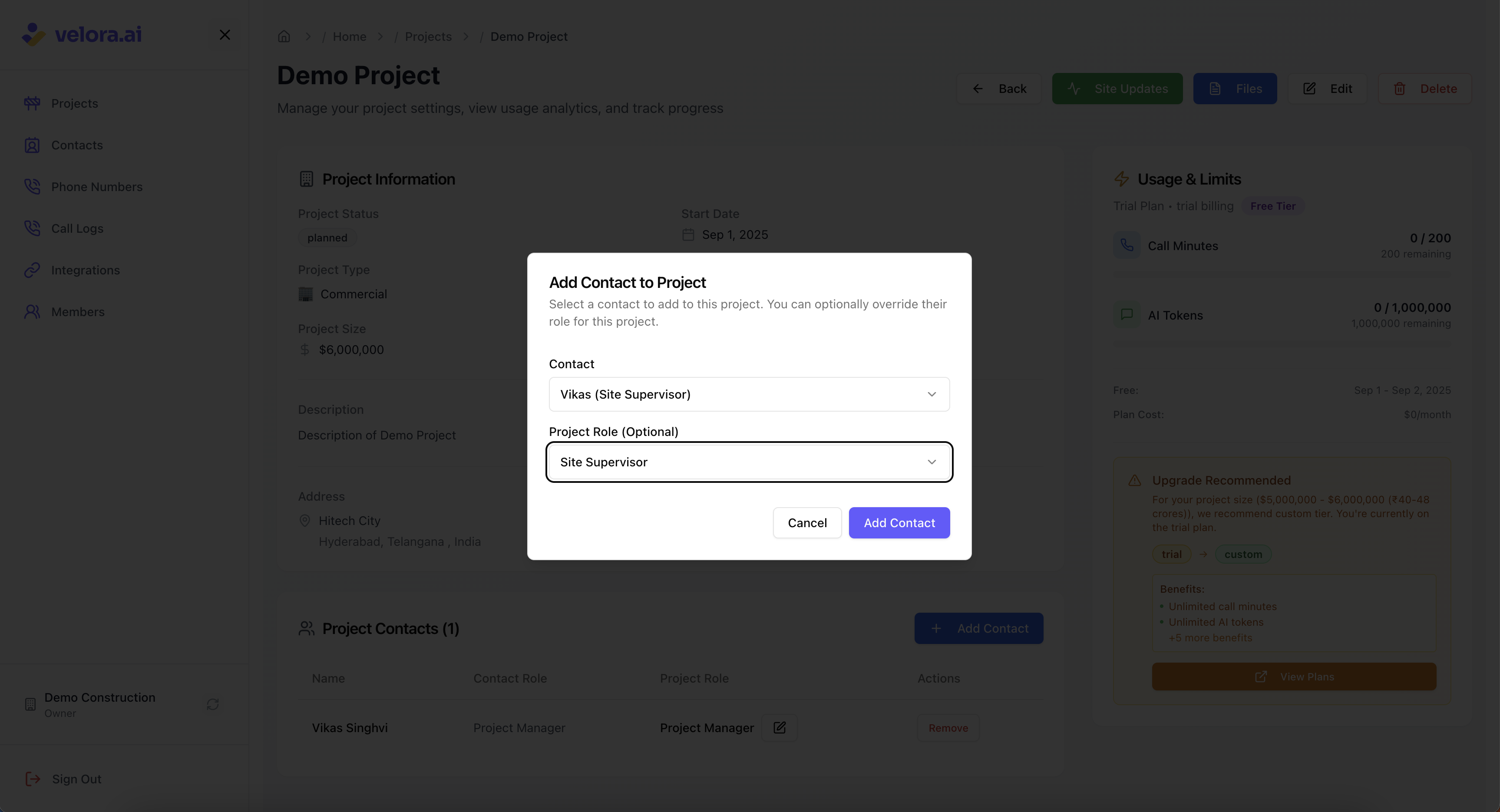 Add Project Contact Interface for Voice AI Construction Platform