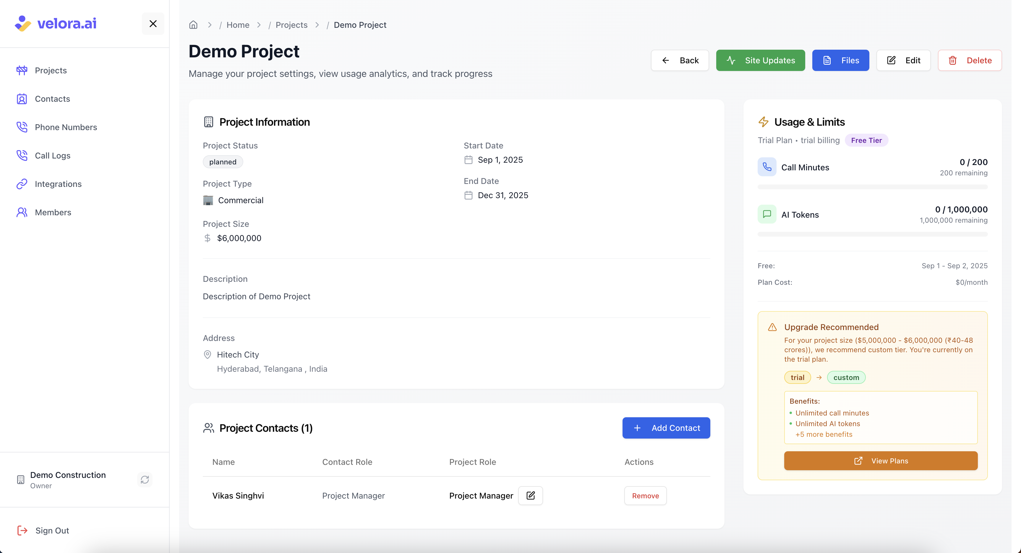 Project Details Screen for Voice AI Construction Platform