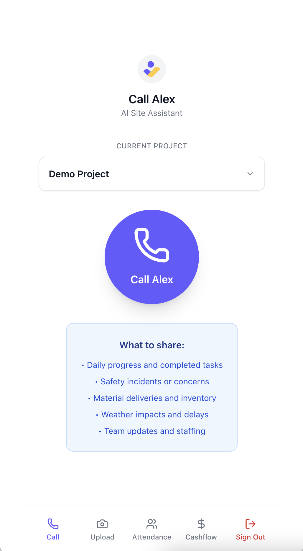 Site app call screen showing Alex calling interface for construction site updates