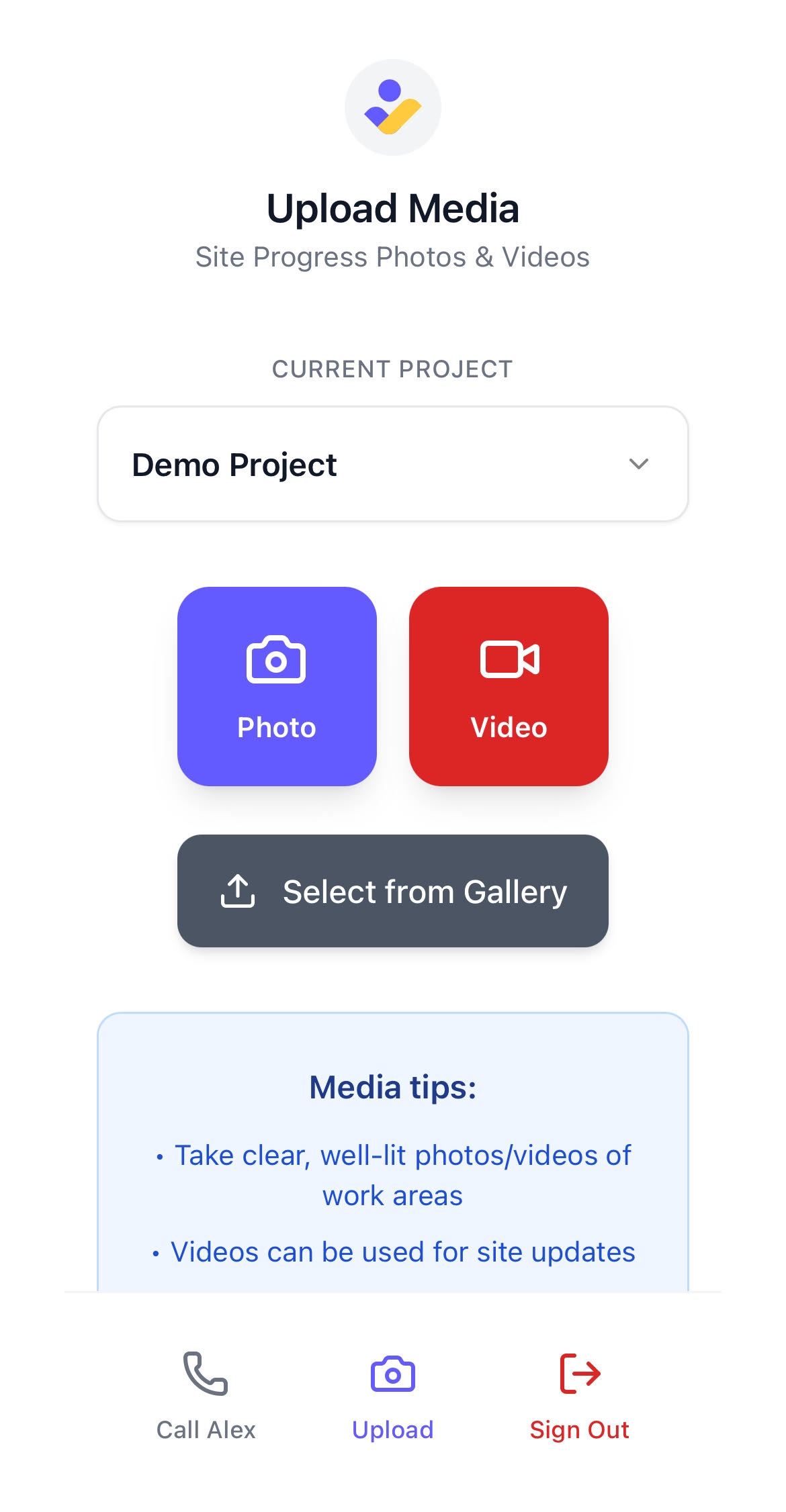 Upload Screen from Site App for Voice AI Construction Platform