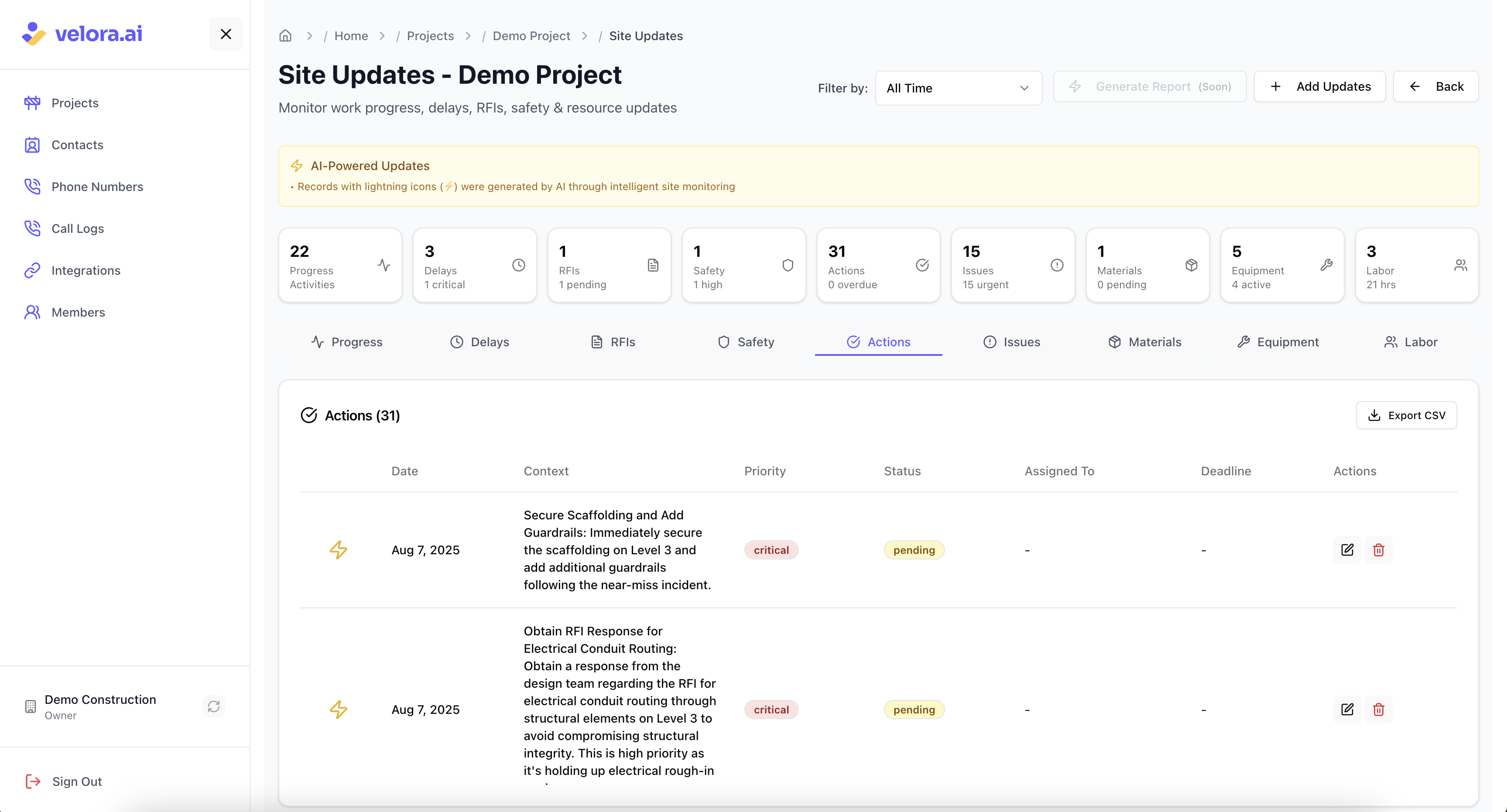 Action Items Updates for Voice AI Construction Platform