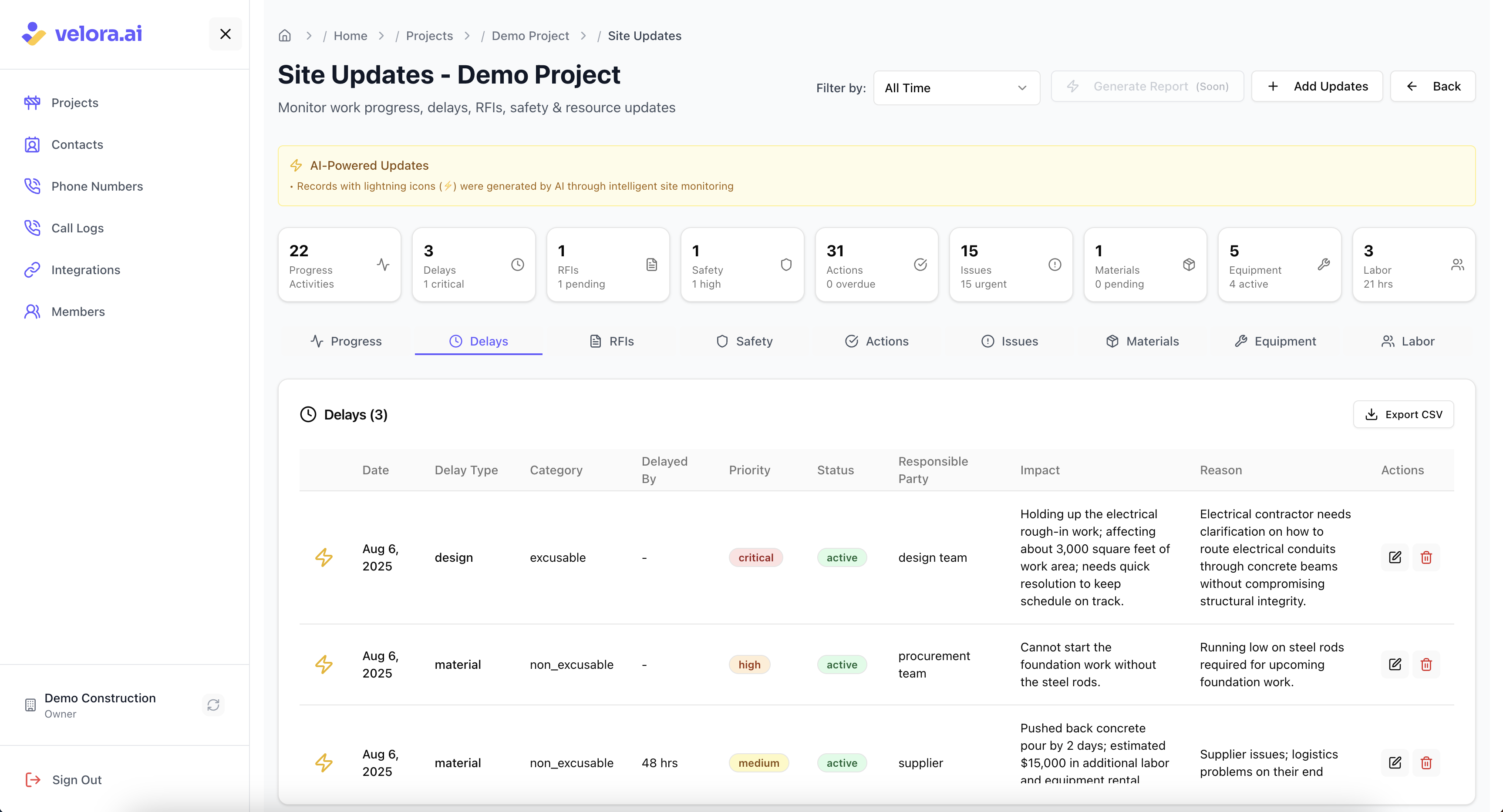 Delay Updates for Voice AI Construction Platform
