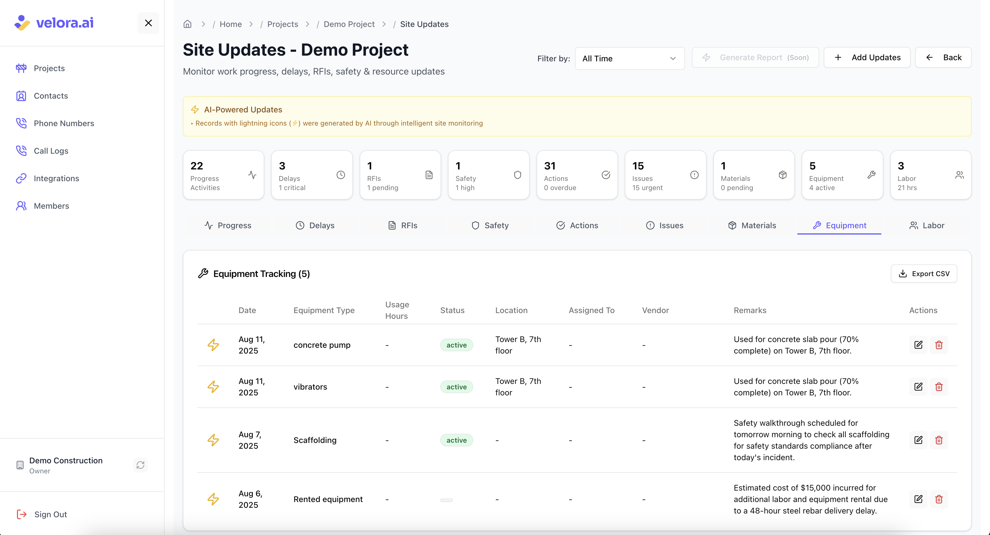 Equipment Updates for Voice AI Construction Platform