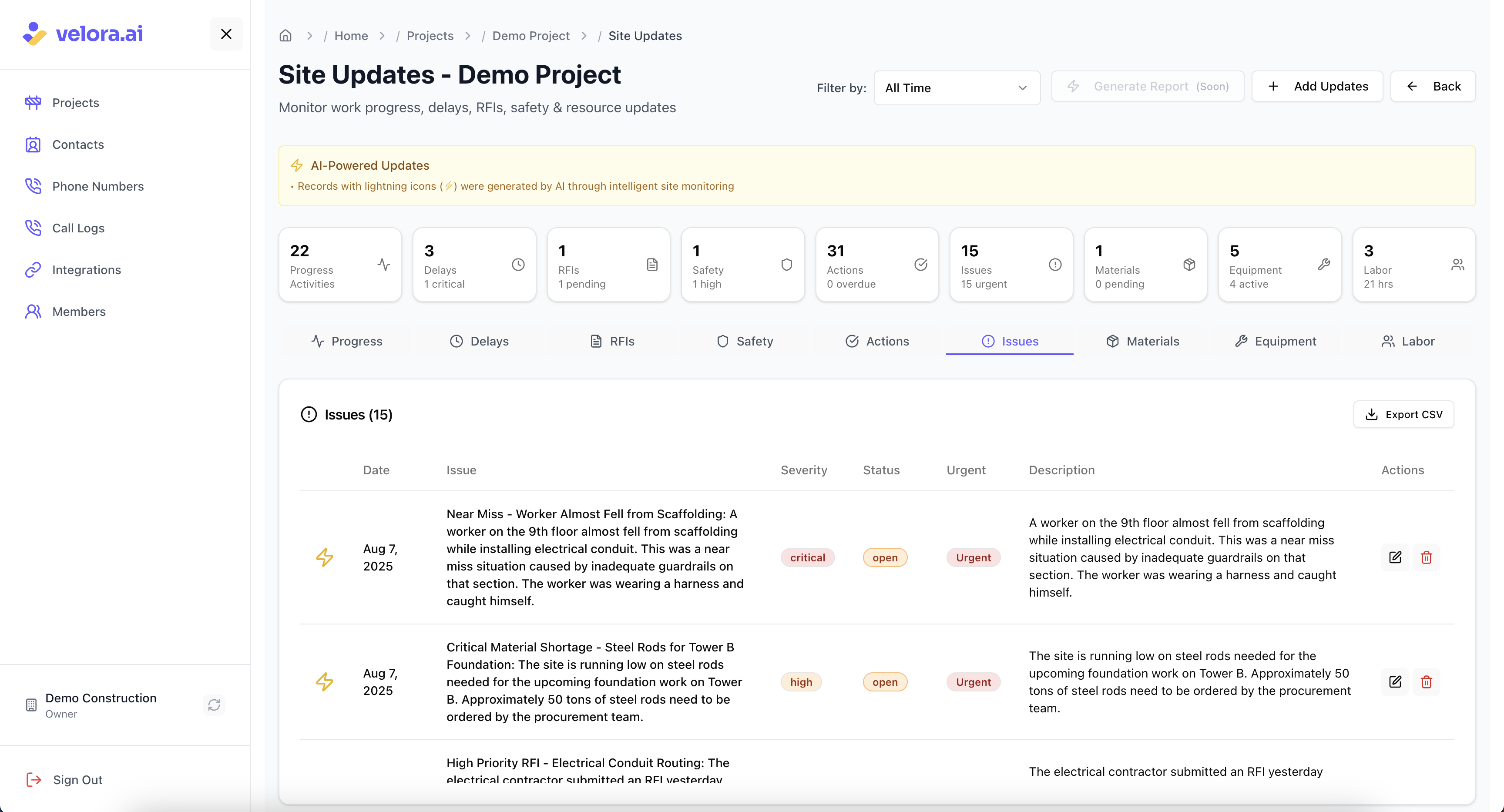 Issues Updates for Voice AI Construction Platform