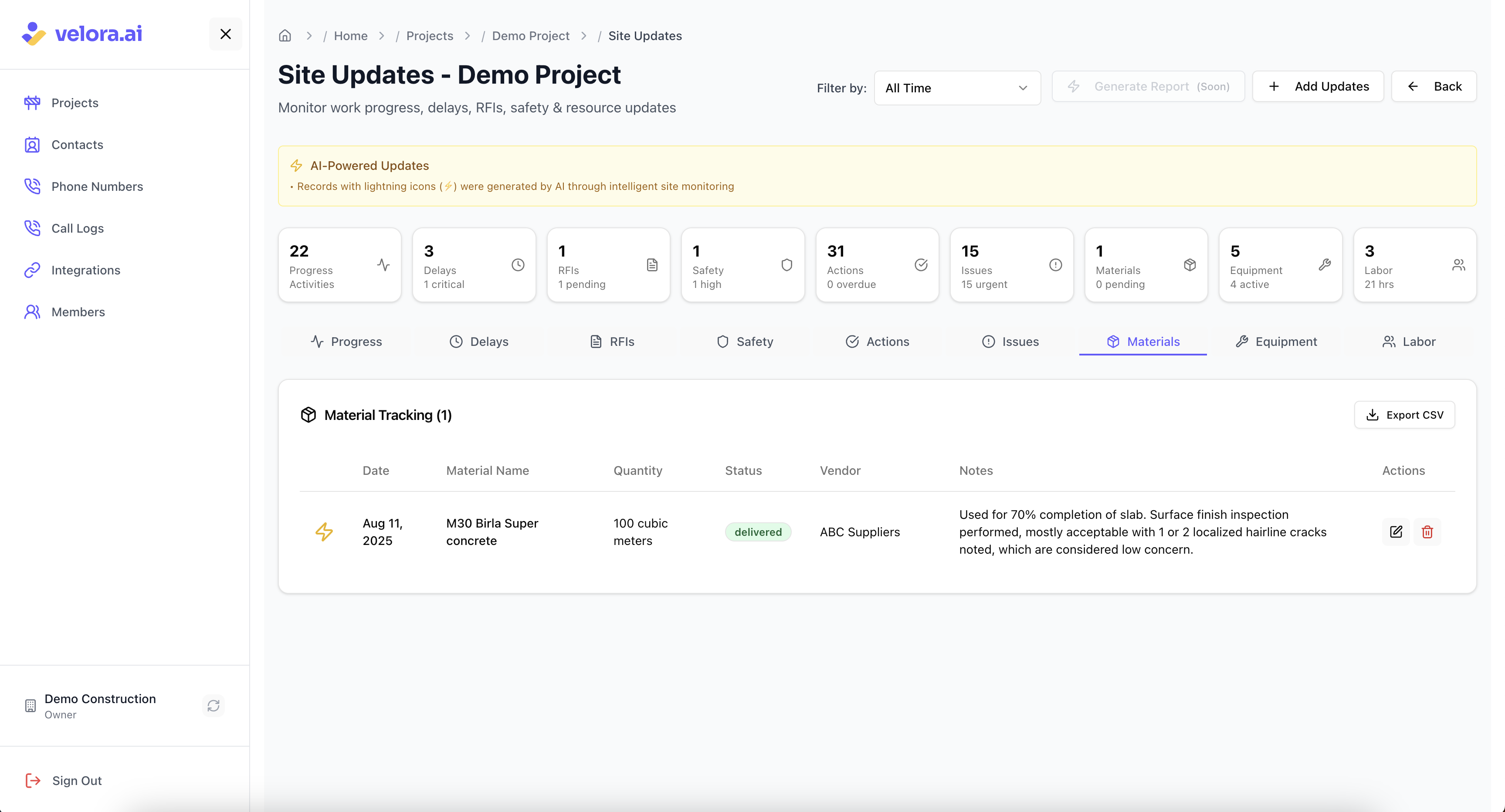 Material Updates for Voice AI Construction Platform