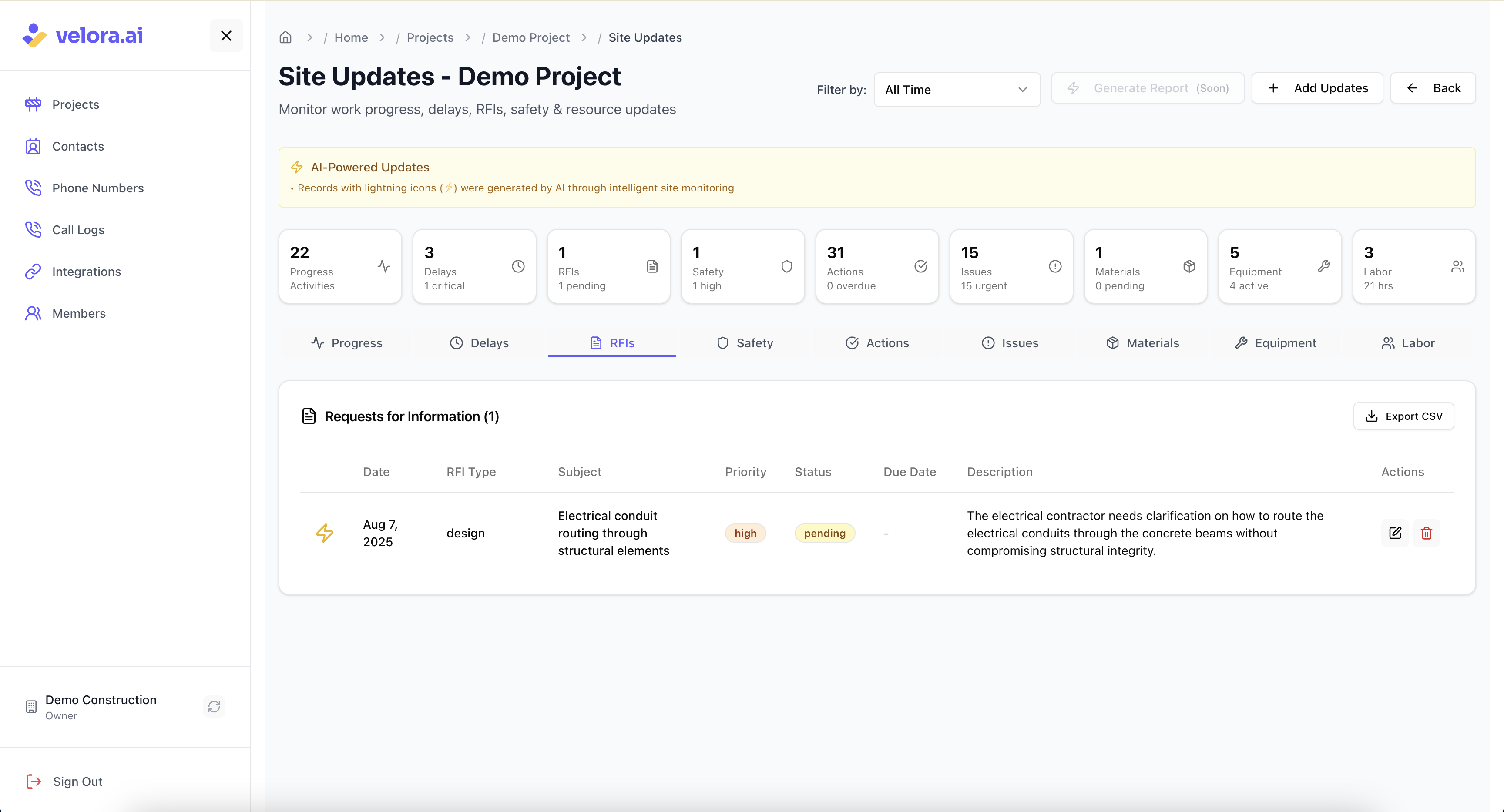 RFI Updates for Voice AI Construction Platform
