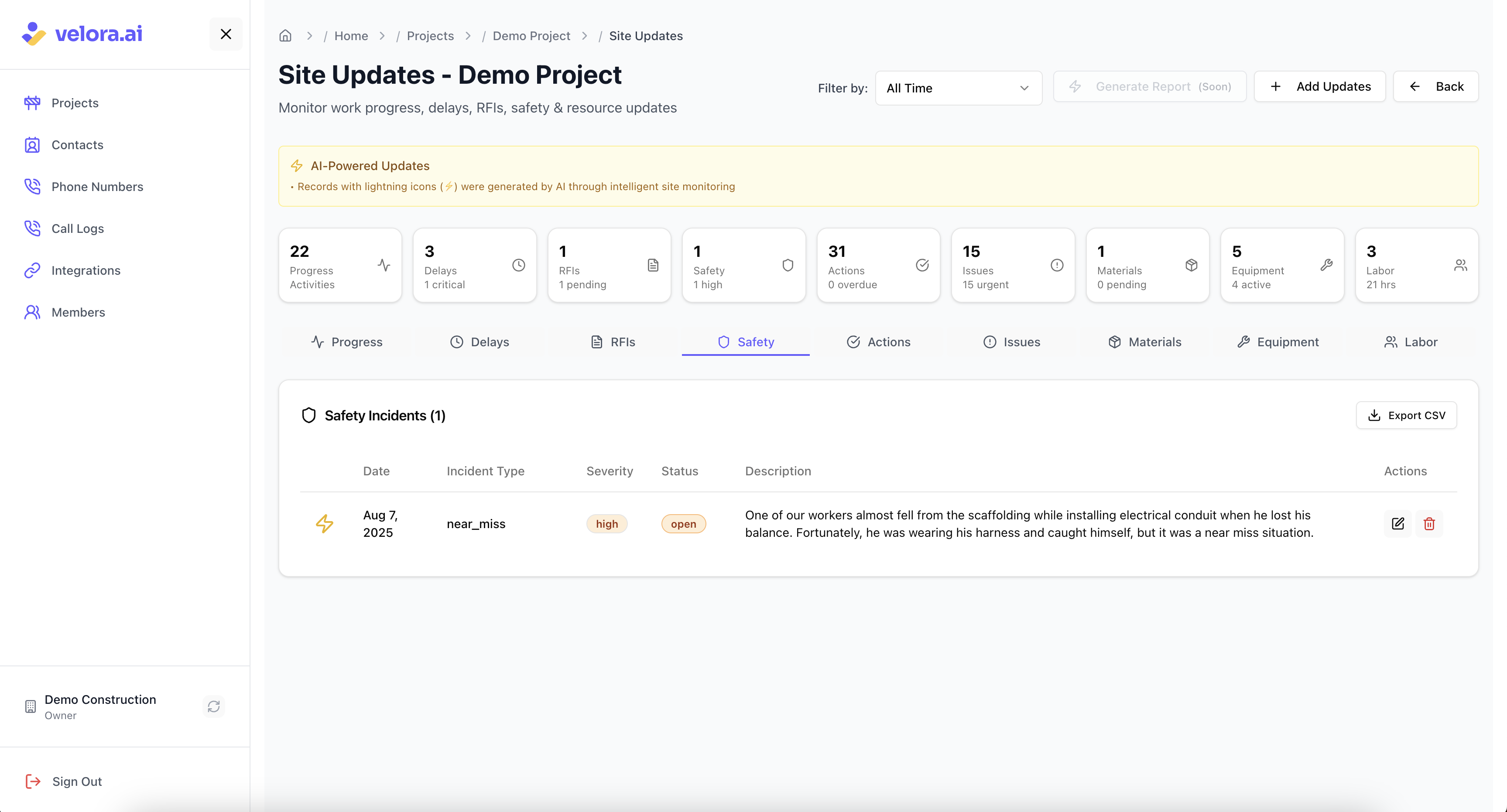 Safety Incident Updates for Voice AI Construction Platform